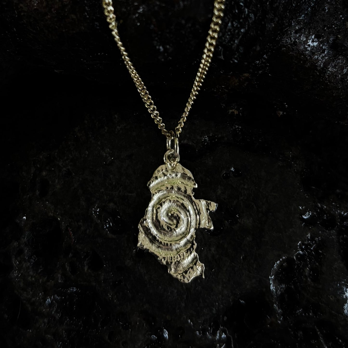 Gold Ireland shaped spiral pendant on a gold chain against a dark textured background
