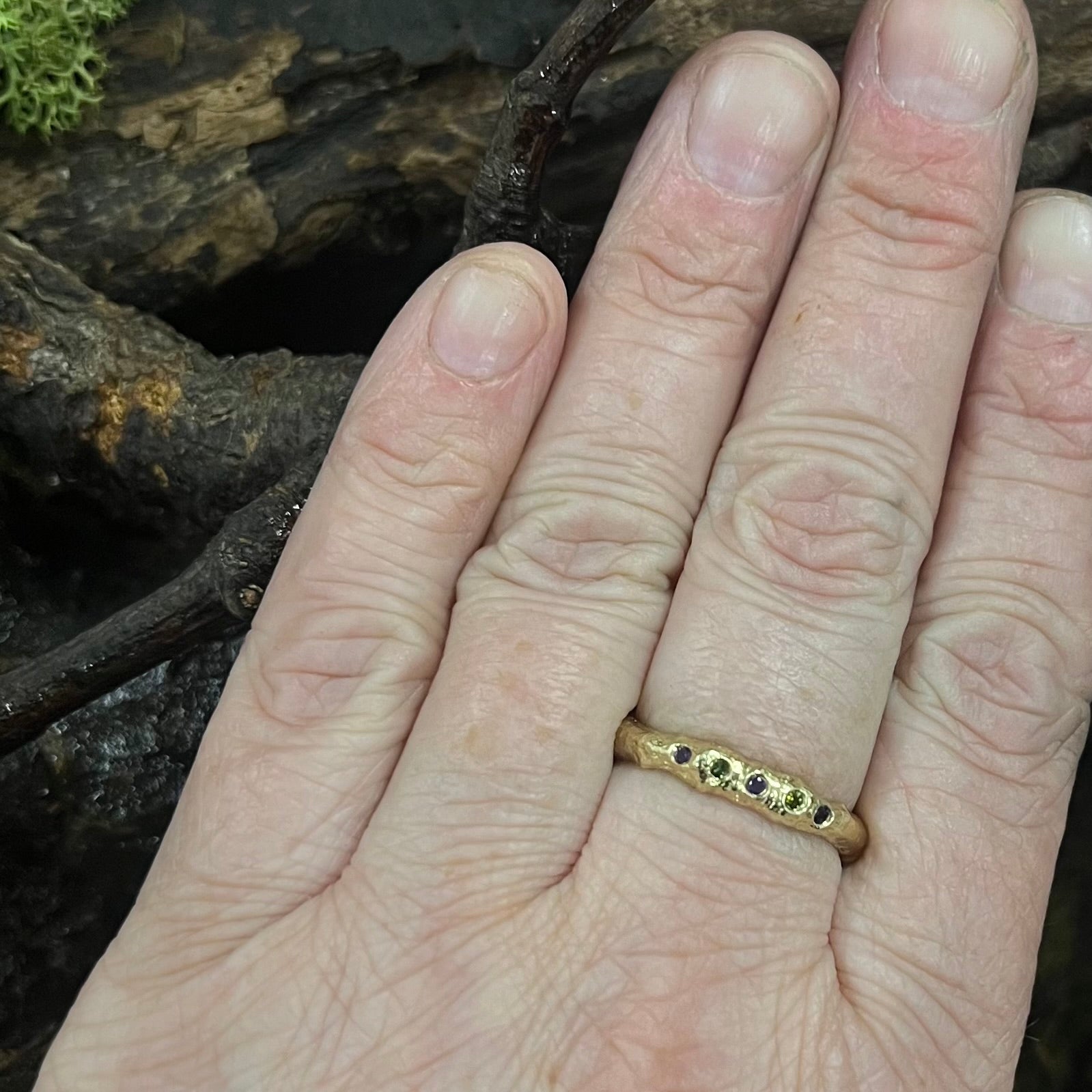 Green Tourmaline & Amethyst Wisdom-Into the Woods-Beech Twig Ring