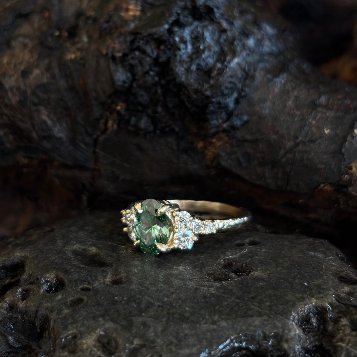 Persephone-Teal Green & white Lab grown diamond Multi stone Engagement Ring-Yellow Gold