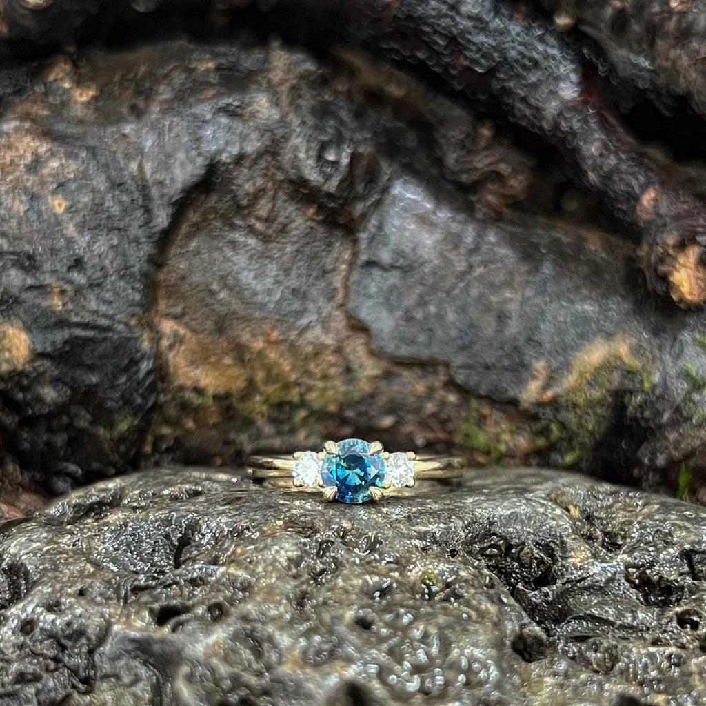 Prinnie Engagement Ring-0.75ct Natural Teal/Blue Parti Sapphire & Lab Grown Diamonds in 14ct Yellow Gold