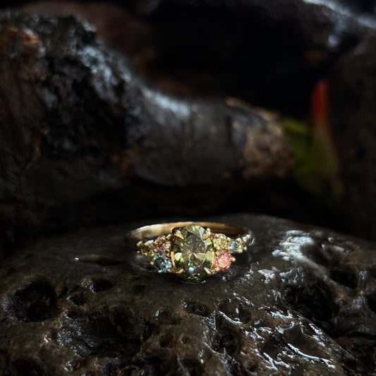 Persephone-Green, blue, pink & yellow Lab grown diamond Multi stone Engagement Ring-Yellow Gold