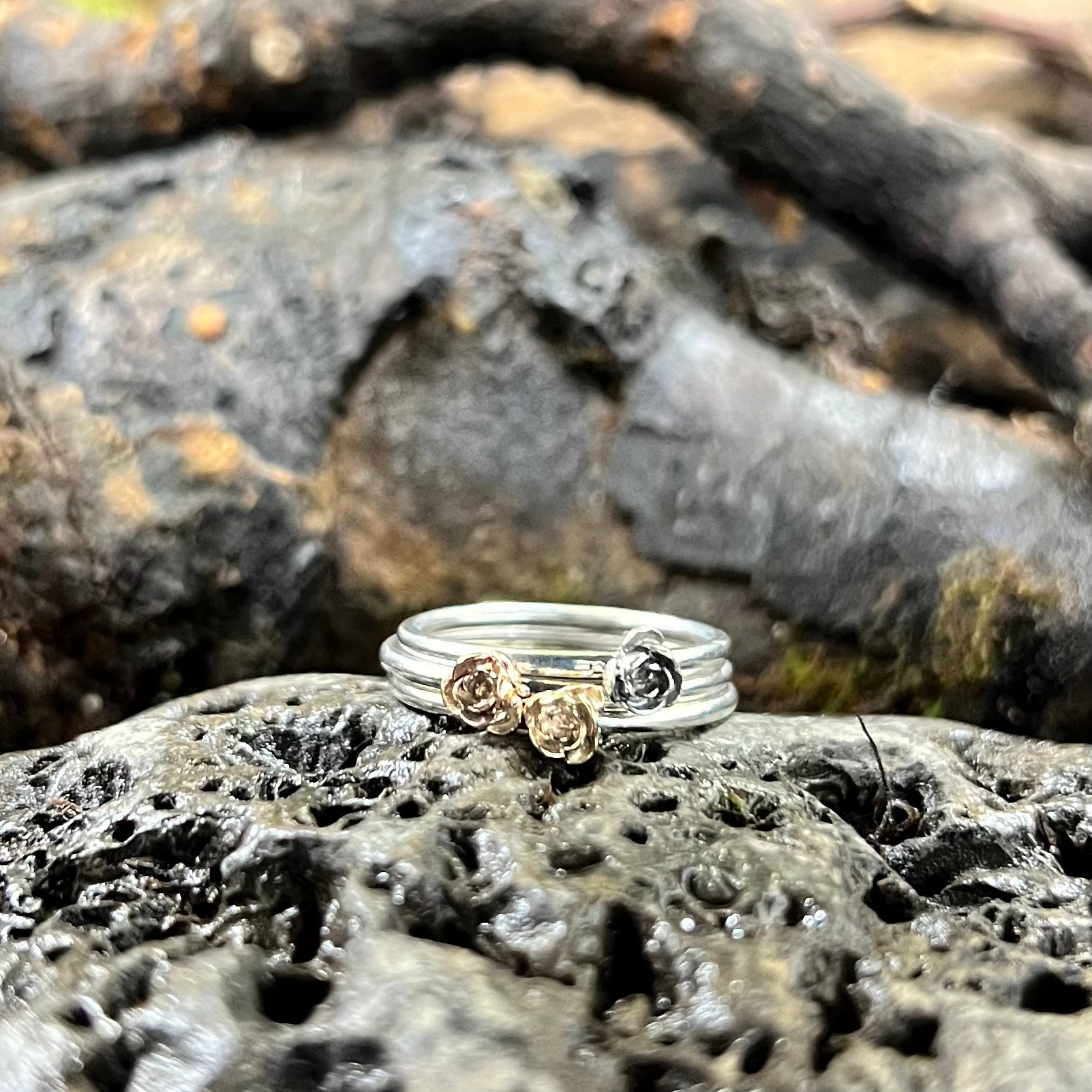 Stack of 3 tiny rosebud ring, stacking ring, rose ring, bridal jewellery