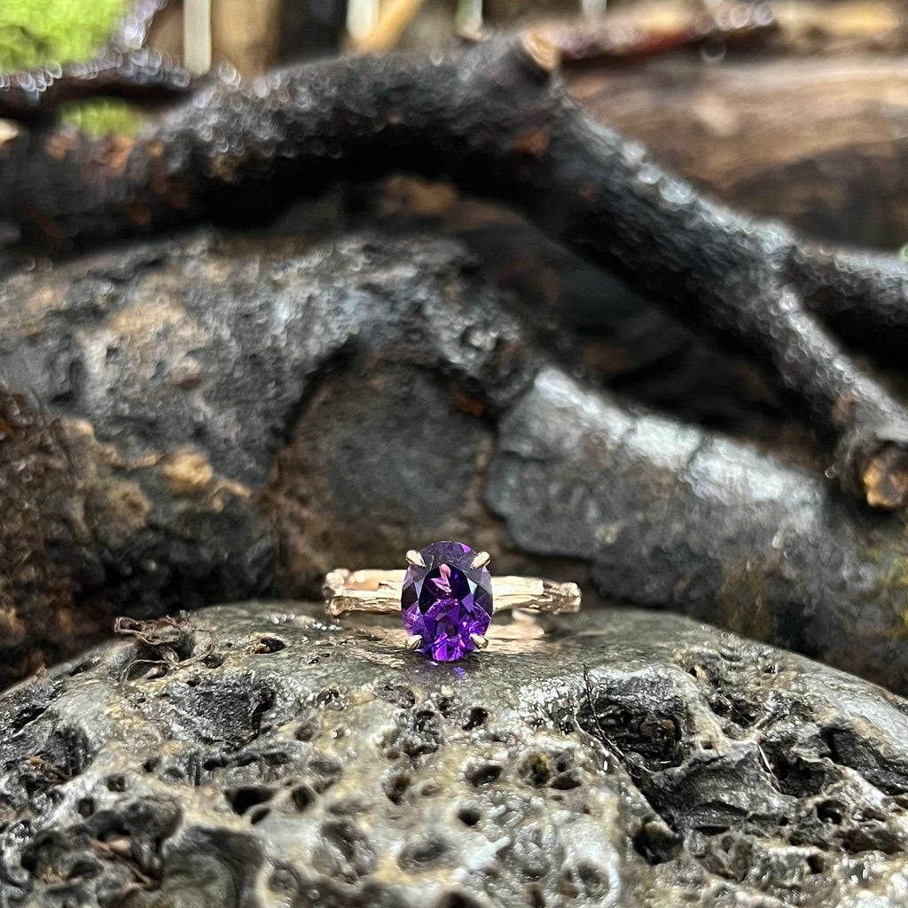 Into the Woods - Faceted Amethyst Solitaire with Twig Band - 9ct Gold