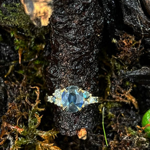 Multi Stone Engagement Ring- Sapphire, Salt & Pepper Diamond & Lab Grown Diamonds in 14ct Yellow