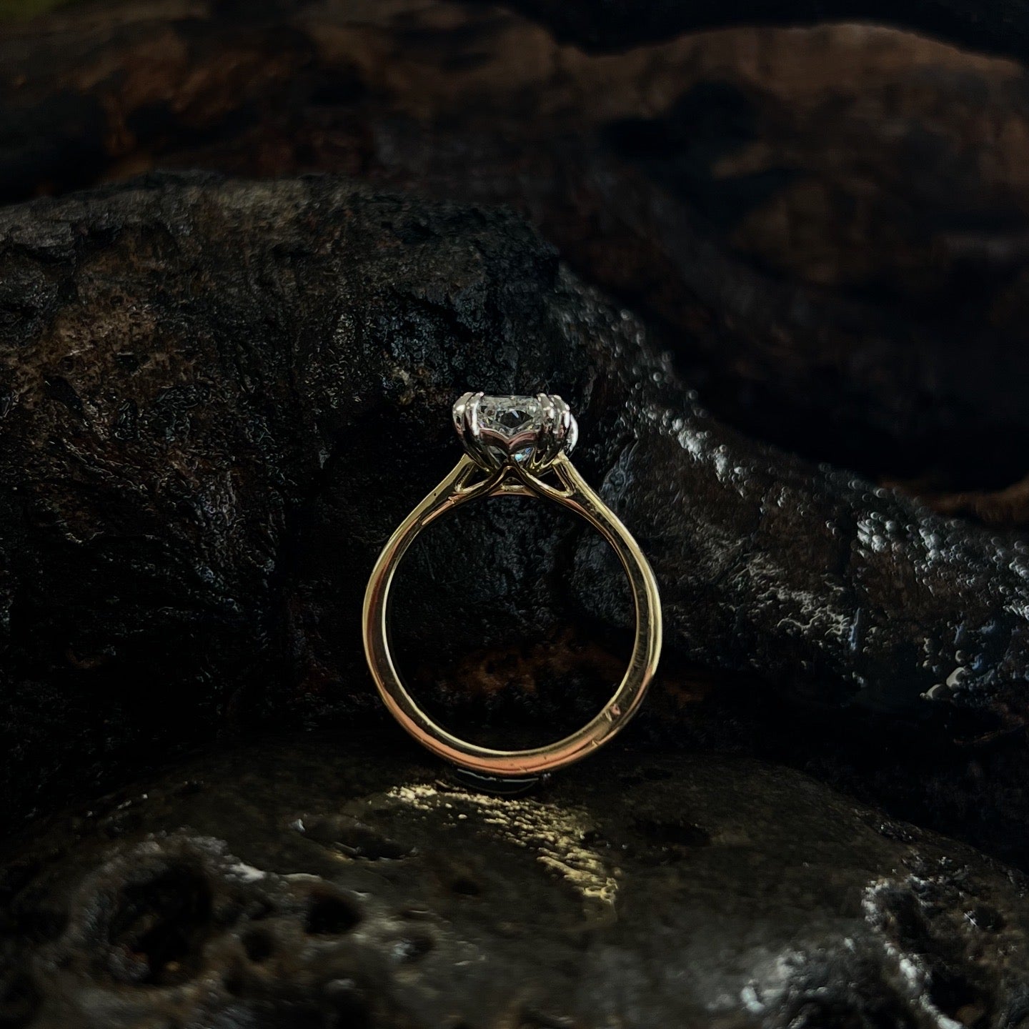 Side View A radiant cut lab grown diamond solitaire ring with a platinum double claw talon mount and an 18ct yellow gold band, displayed on a dark textured surface.