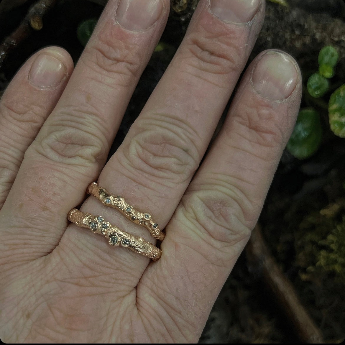 Hawthorn Twig Ring with Salt and pepper diamonds.