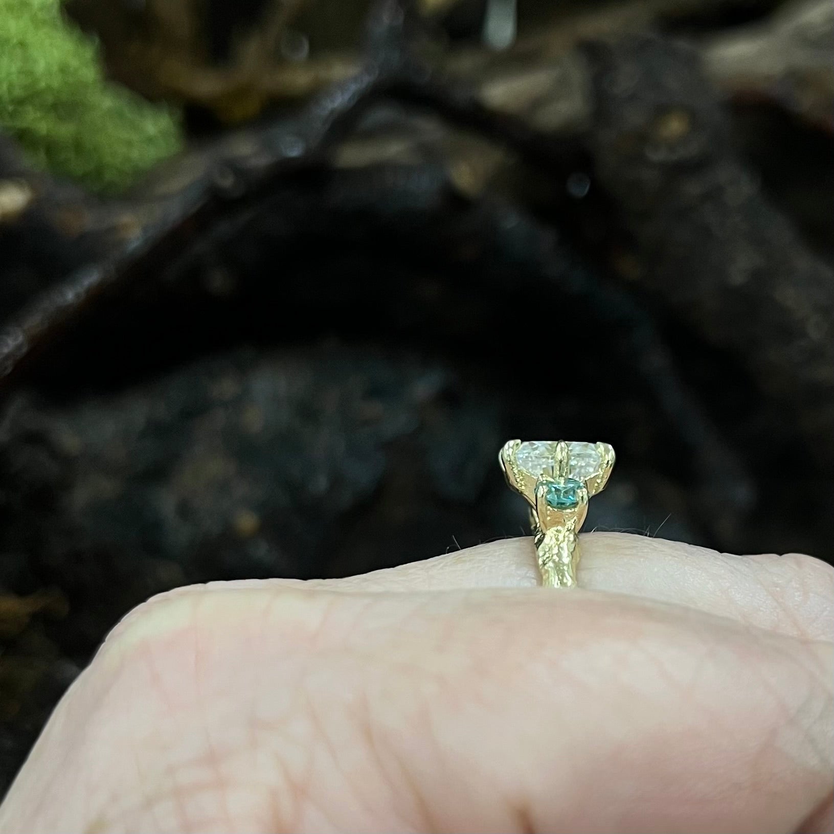 Into The Woods-Mullaghmeen- 2ct Moissanite with Pale Teal Moissanite side stones-9ct Yellow Gold