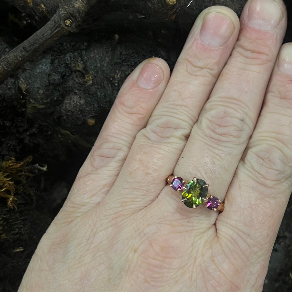 Into The Woods-Mullaghmeen- 1.53ct Mossy Green Tourmaline with Rhodolite Garnet-9ct Rose Gold