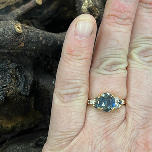 Multi Stone Engagement Ring- Sapphire, Salt & Pepper Diamond & Lab Grown Diamonds in 14ct Yellow