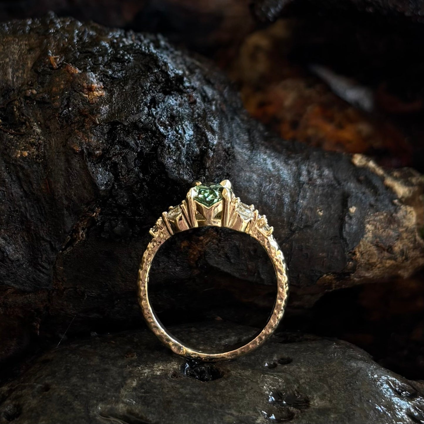 Persephone-Teal Green & white Lab grown diamond Multi stone Engagement Ring-Yellow Gold