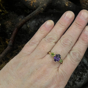 Into The Woods-Mullaghmeen- 1.72ct Faceted Amethyst with Green Tourmaline in 9ct Yellow Gold