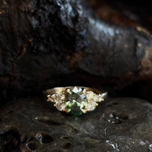 Persephone-Teal Green & white Lab grown diamond Multi stone Engagement Ring-Yellow Gold