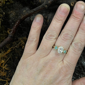 Into The Woods-Mullaghmeen- 2ct Moissanite with Pale Teal Moissanite side stones-9ct Yellow Gold