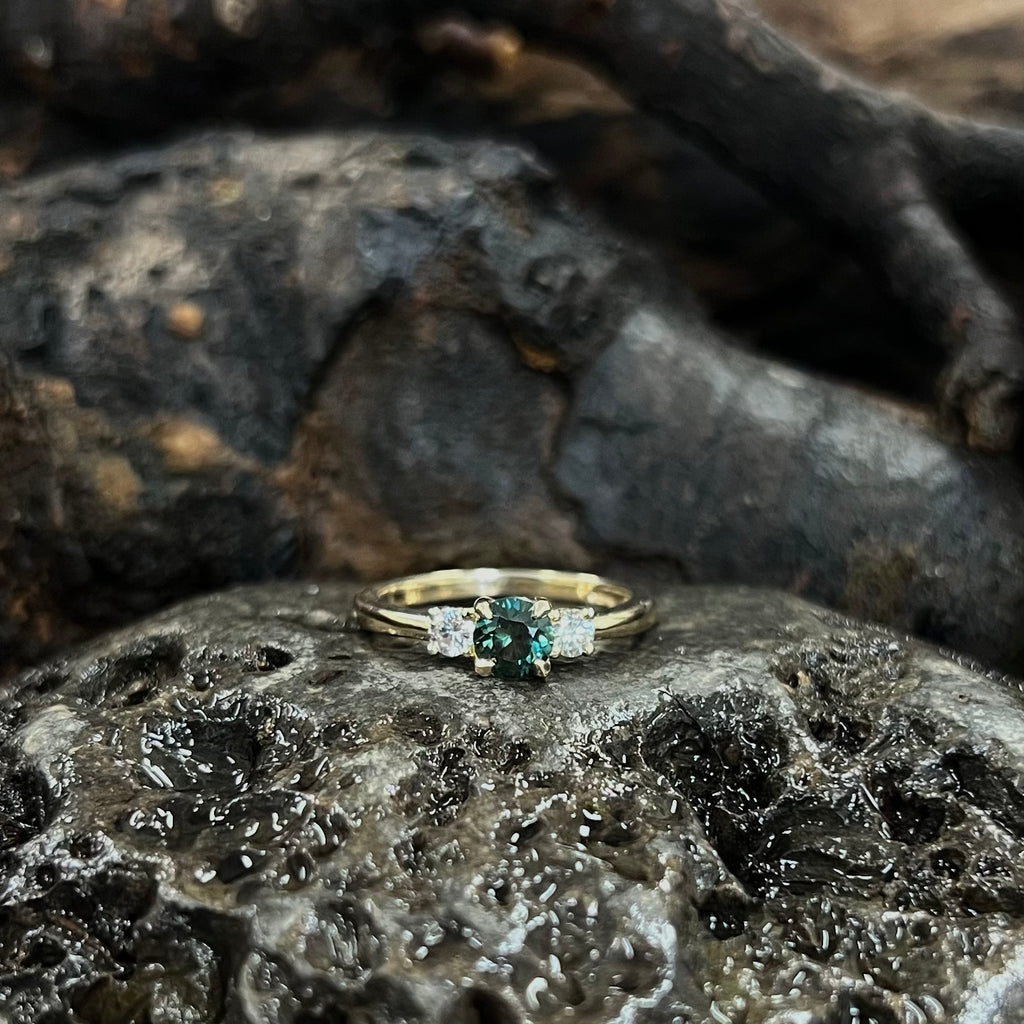 Prinnie Engagement Ring-0.63ct Teal/Blue Parti Sapphire & Lab Grown Diamonds in 14ct Yellow Gold