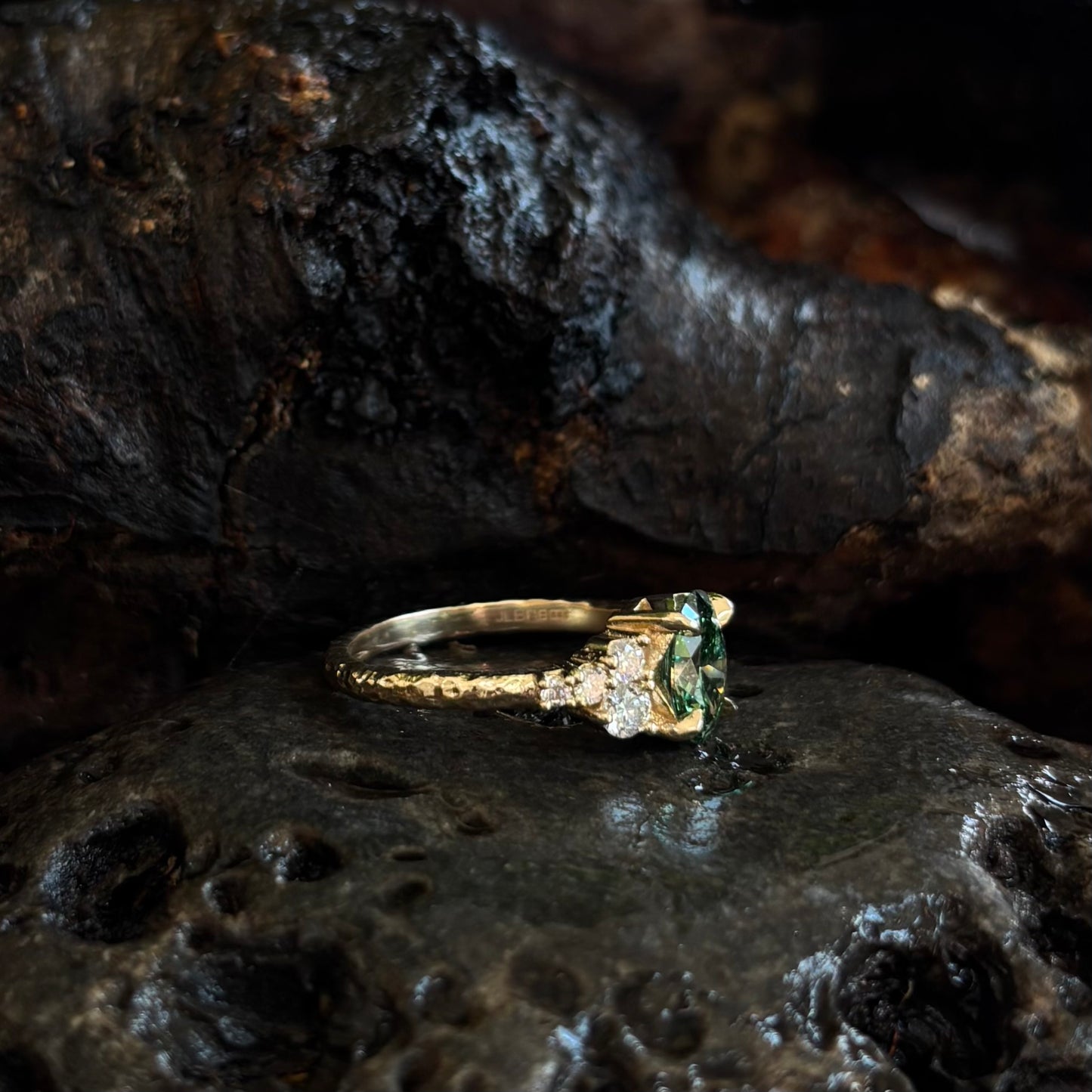 Persephone-Teal Green & white Lab grown diamond Multi stone Engagement Ring-Yellow Gold