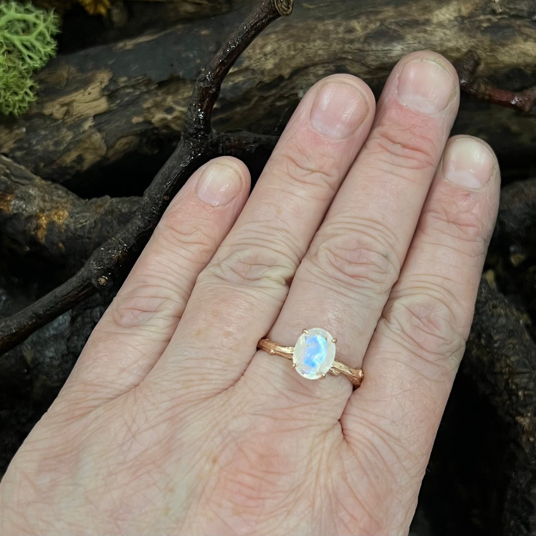 Into the Woods - Tranquility-Faceted Moonstone-Solitaire with Twig Band - 9ct Gold