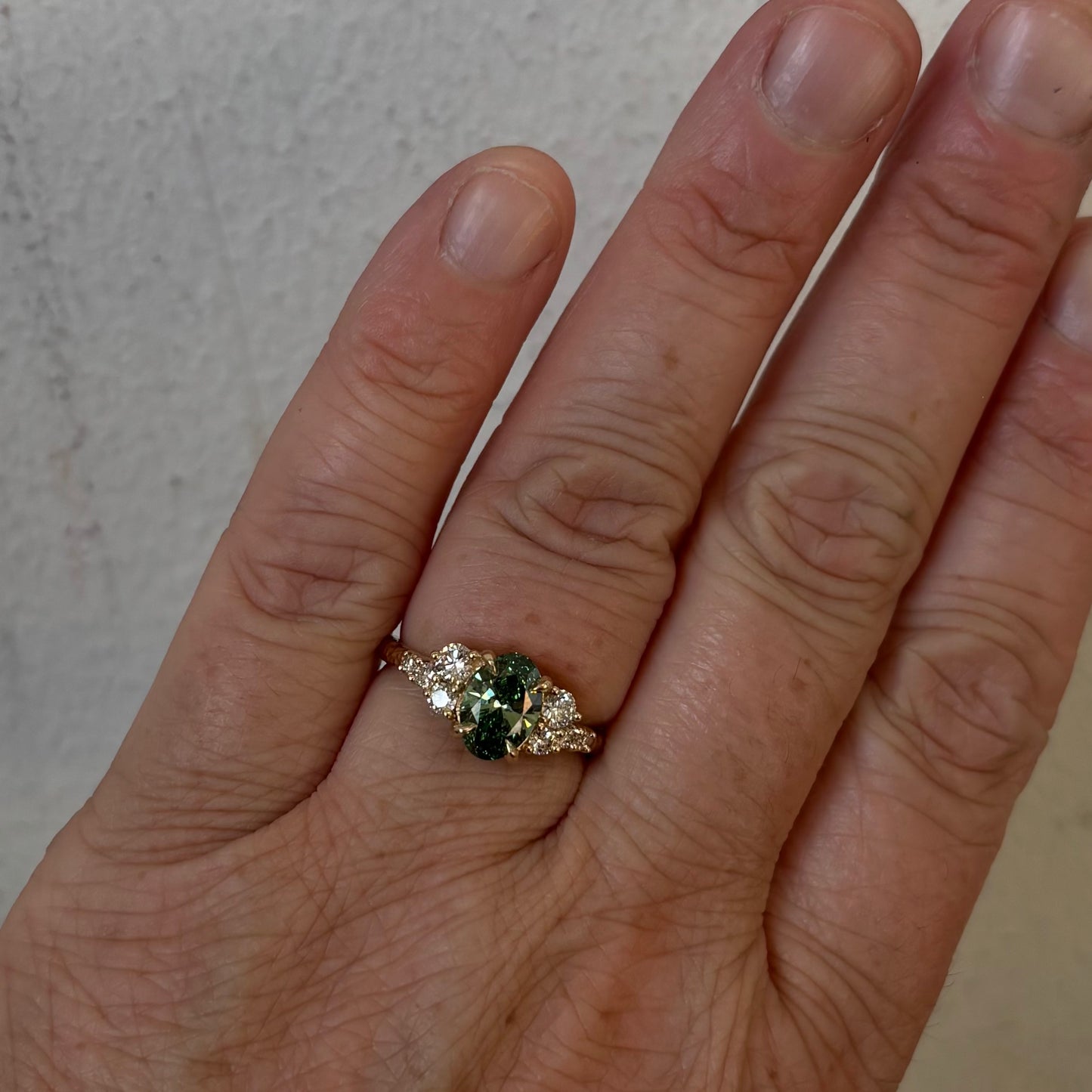 Persephone-Teal Green & white Lab grown diamond Multi stone Engagement Ring-Yellow Gold
