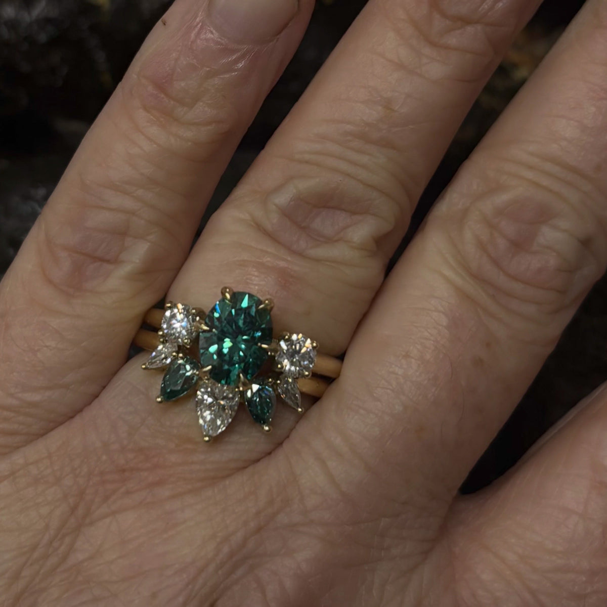 The Baroness-9ct Yellow Gold-Dark Green & White Moissanite Ring & Matching Crown