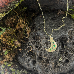 Luna-Emerald mix in 9ct Yellow Gold Crescent Moon Necklace