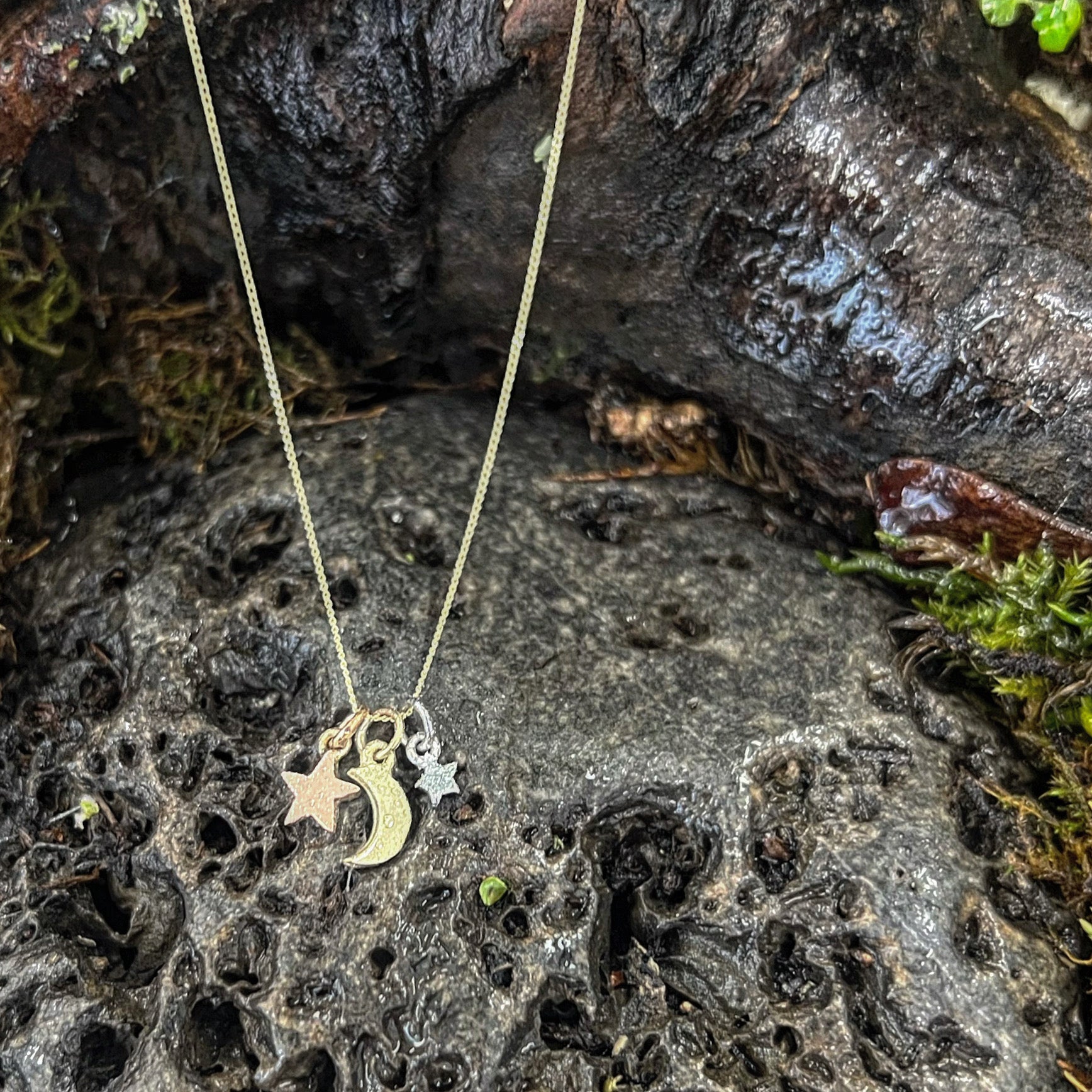 Little Luna, Stella & Stardust Pendant-9ct Gold Moon & Double Star Pendant