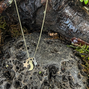 Little Luna, Stella & Stardust Pendant-9ct Gold Moon & Double Star Pendant