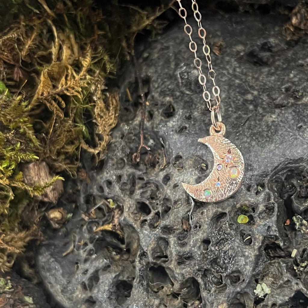 rose gold cresecent moon with opal & moonstone 