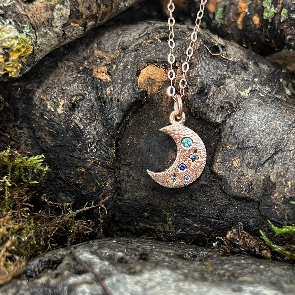 Luna-Sapphire Mix in 9ct Rose Gold Crescent Moon Necklace-Reduced to Clear