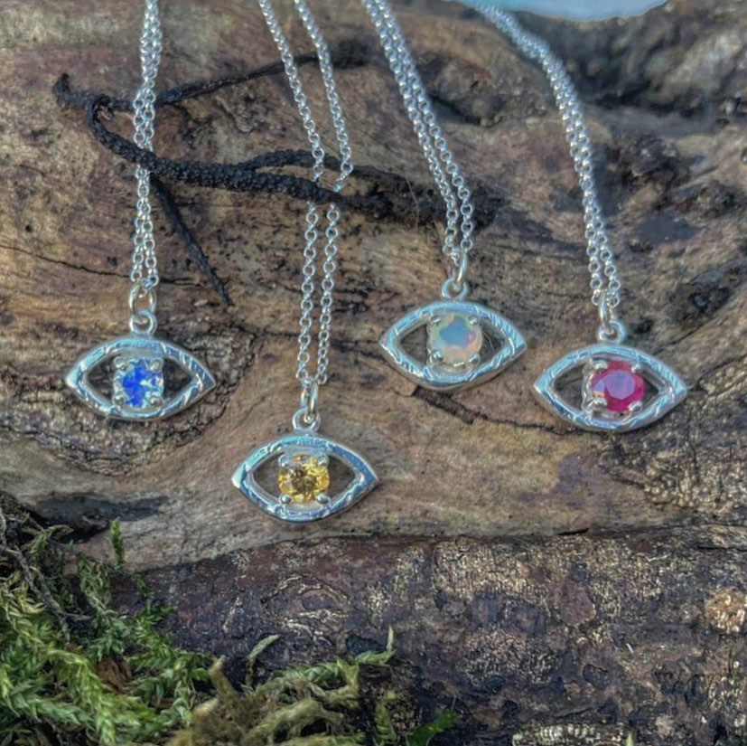 Eye for an eye pendant, birthstones, silver necklace, evil eye