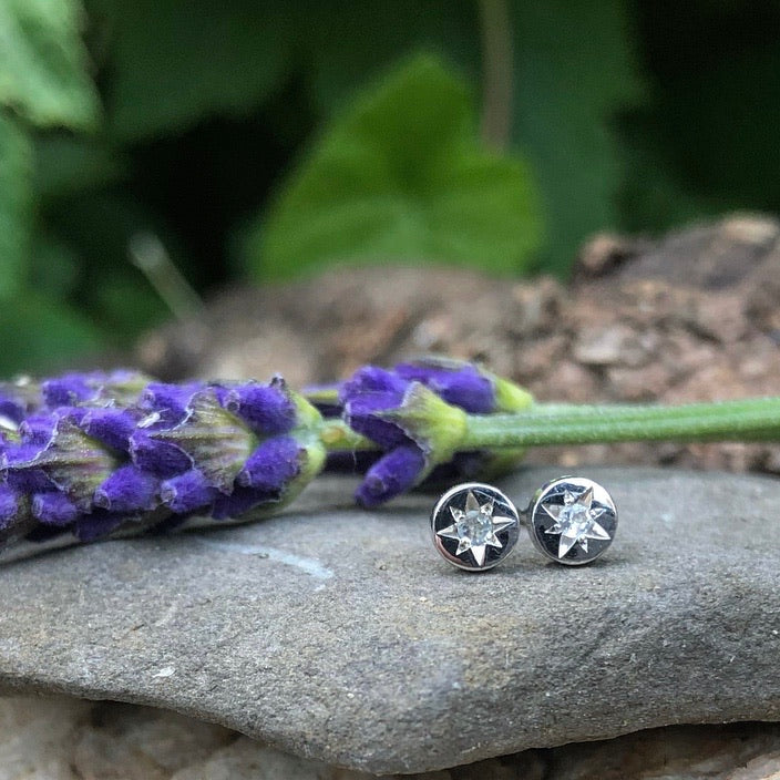tiny studs, white gold, moonstone, earring, disc, salt and pepper diamonds