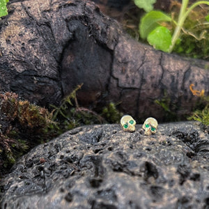 gold skull earrings, emerald yellow gold earrings 