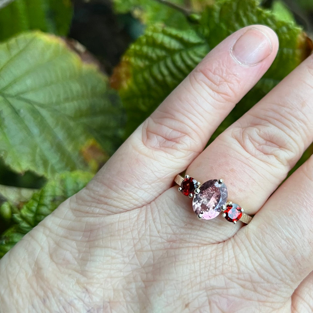Baroness, Pink tourmaline, mozambique garnets, Alternative engagement Ring, white gold