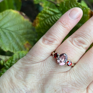 Baroness, Pink tourmaline, mozambique garnets, Alternative engagement Ring, white gold