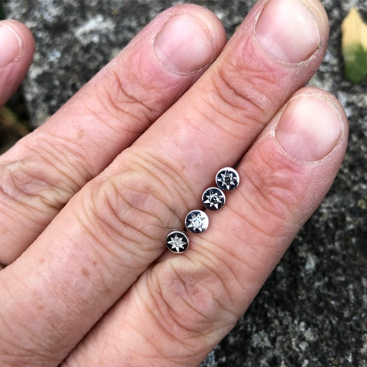 tiny studs, white gold, moonstone, earring, disc, salt and pepper diamonds
