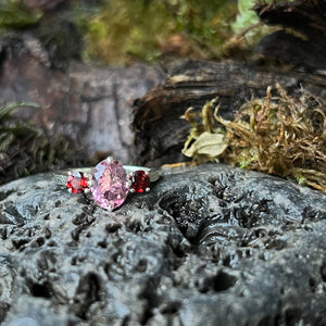 Baroness, Pink tourmaline, mozambique garnets, Alternative engagement Ring, white gold