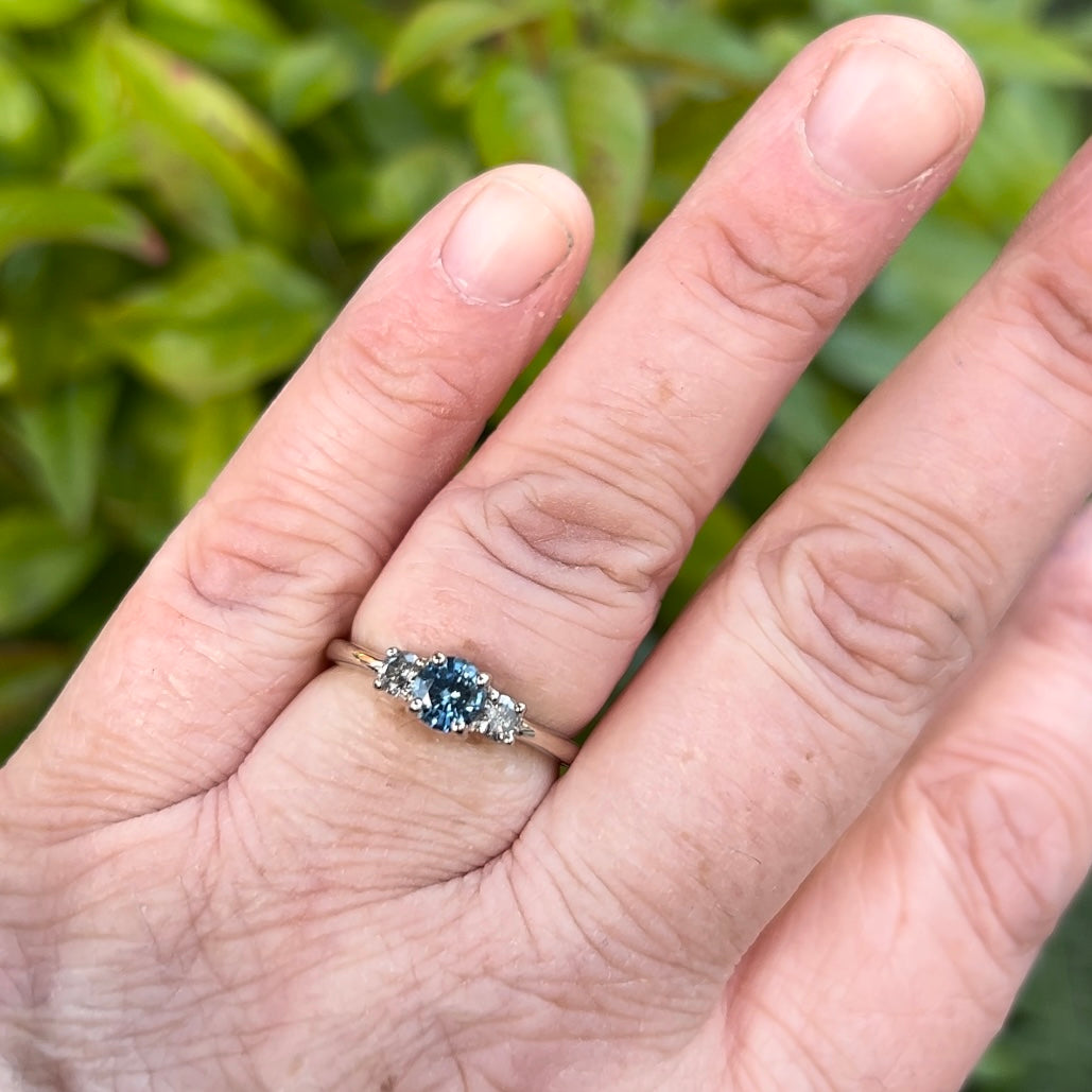Prinnie Engagement Ring -Tethys- Pale Teal Parti Sapphire with Salt and Pepper Diamonds in 14ct White Gold