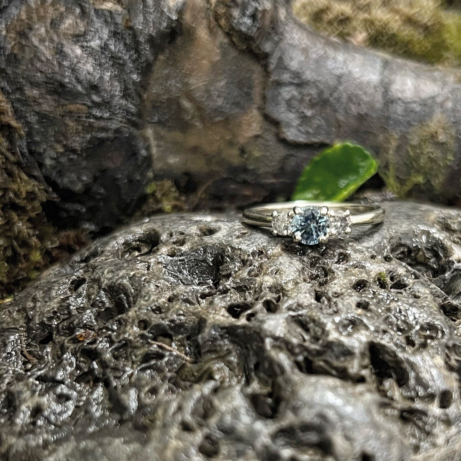 Prinnie Engagement Ring -Tethys- Pale Teal Parti Sapphire with Salt and Pepper Diamonds in 14ct White Gold