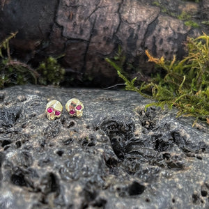 gold skull earrings, rubies yellow gold earrings 