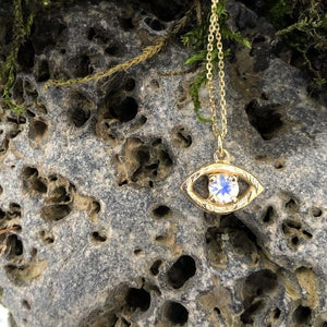 evil eye necklace, yellow gold, moonstone