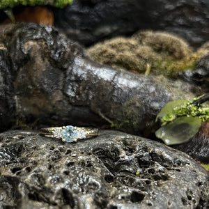 icy blue sapphire, engagement ring, lab grown diamond, sapphire and diamond, engagement ring.