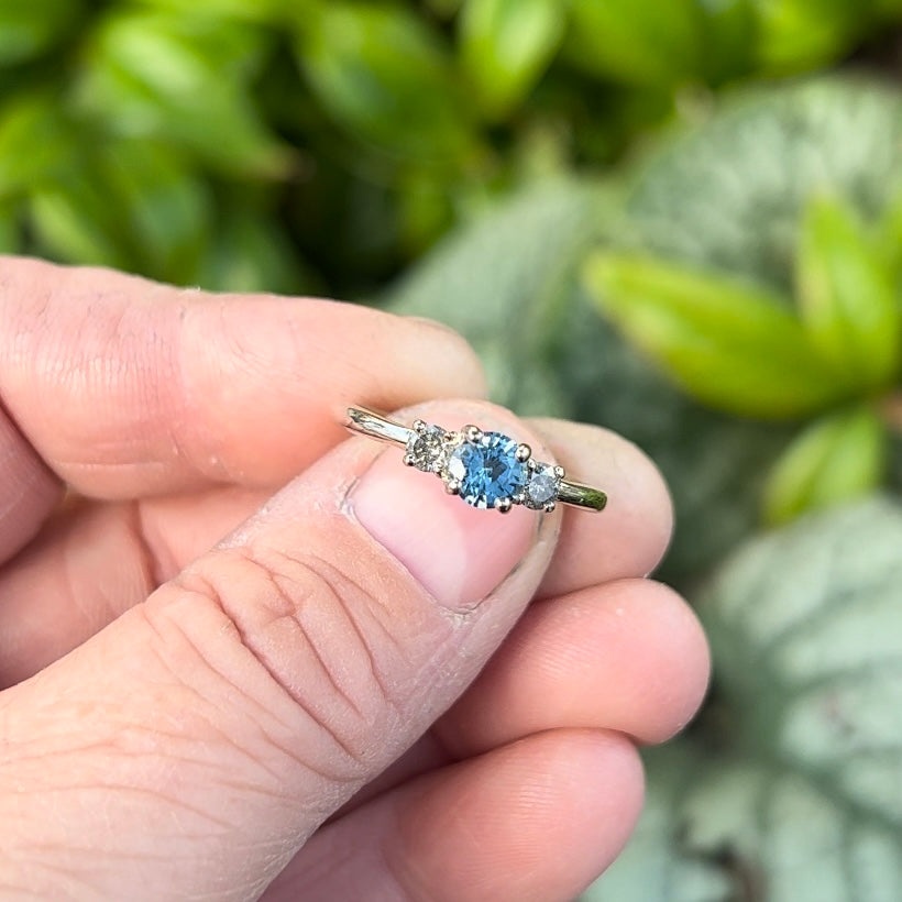 Prinnie Engagement Ring -Tethys- Pale Teal Parti Sapphire with Salt and Pepper Diamonds in 14ct White Gold