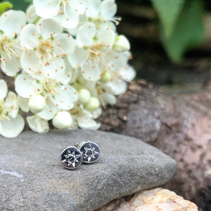 tiny studs, white gold, moonstone, earring, disc, salt and pepper diamonds